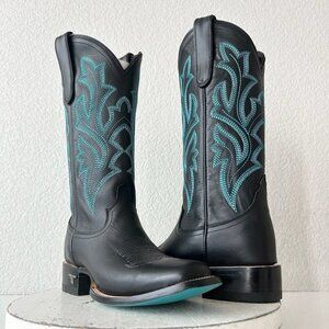 Lane Saratoga Womens Square Toe Cowboy Boots 8 Black Turquoise Western Mid Calf